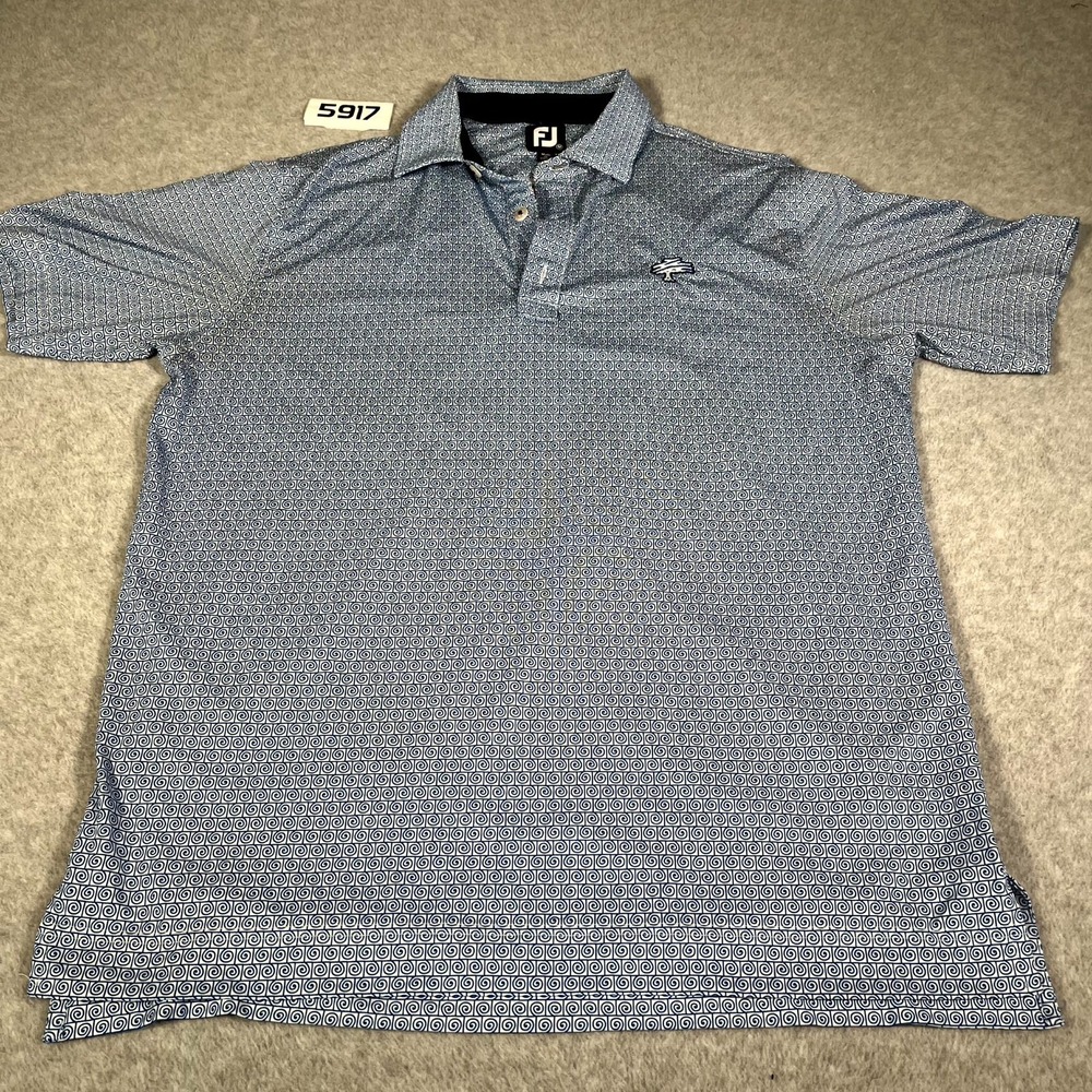 Footjoy Polo‎ Shirt Mens Medium Blue Geometric Print High Low Hem Side Slit Golf